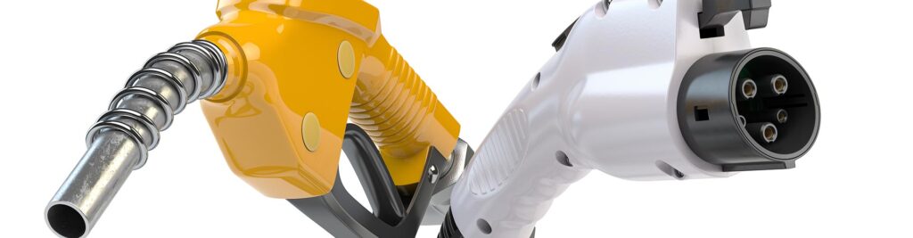 Elektrofahrzeug-Ladestecker und Gasdüse isoliert auf weiß. 3D-Abbildung